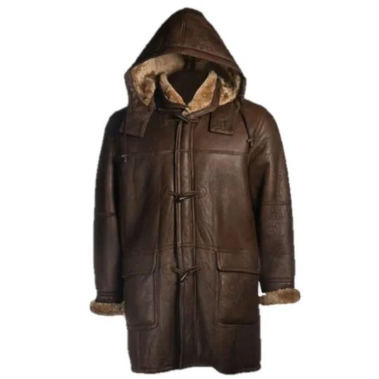 Mens Brown Hook Closure Leather Coat With Hood