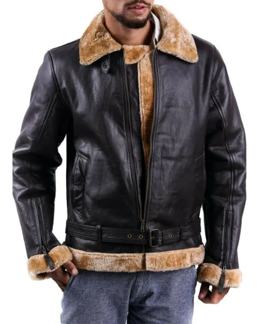 Mens Brown Shaded Shearling Fur B3 Leather Jacket