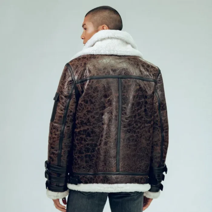 Mens Brown Shearling Double Collar Leather Jacket Back
