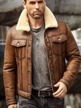 Mens Brown Shearling Leather Trucker Jacket