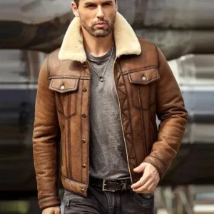 Mens Brown Shearling Leather Trucker Jacket