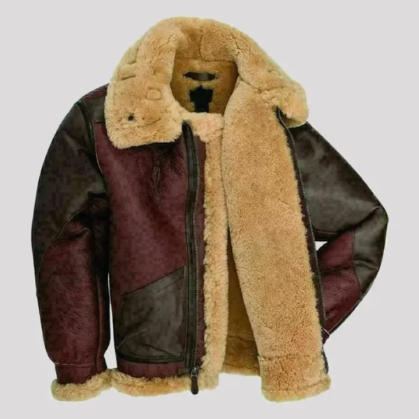 Mens Burgundy Black Shearling B3 Leather Jacket