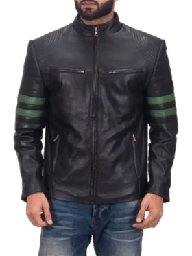 Mens-Cafe-Racer-Green-Striped-Biker-Leather-Jacket