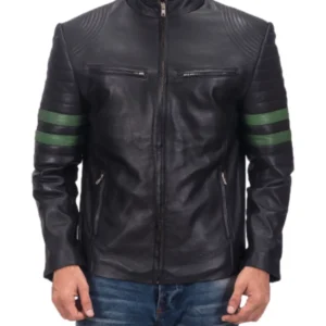 Mens-Cafe-Racer-Green-Striped-Biker-Leather-Jacket