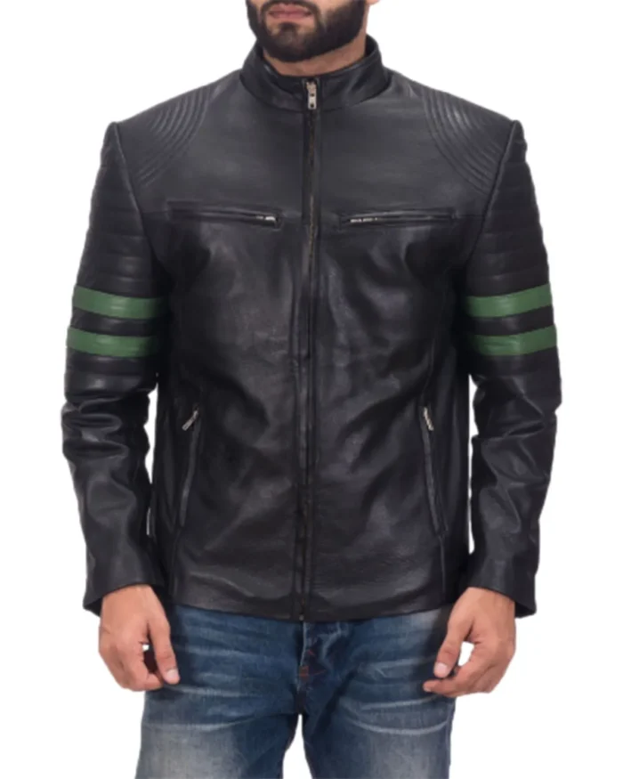 Mens Cafe Racer Green Striped Biker Leather Jacket