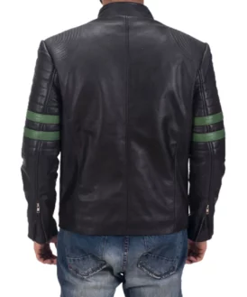 Mens Cafe Racer Green Striped Biker Leather Jacket Back