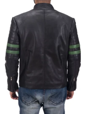 Mens Cafe Racer Green Striped Biker Leather Jacket Back