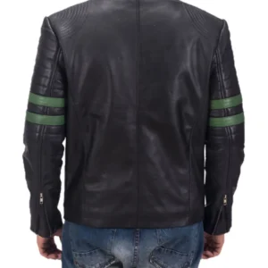 Mens Cafe Racer Green Striped Biker Leather Jacket Back