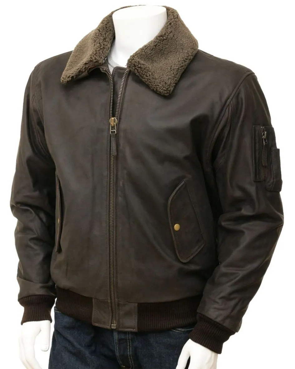 Mens Detachable Fur Collar Pilot Leather Jacket