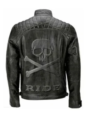 Mens Diamond Quilted Shoulders Skull Black Leather Jacket Back