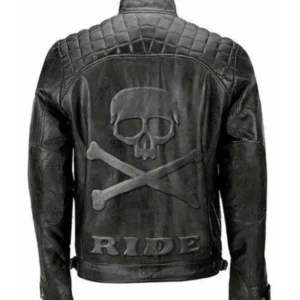 Mens Diamond Quilted Shoulders Skull Black Leather Jacket Back
