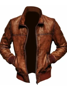 Mens Distressed Brown Stand Up Bomber Leather Jacket