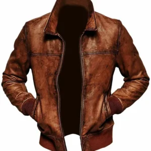 Mens Distressed Brown Stand Up Bomber Leather Jacket