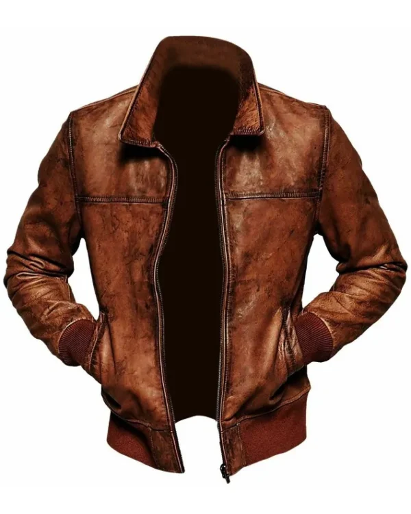 Mens Distressed Brown Stand Up Bomber Leather Jacket