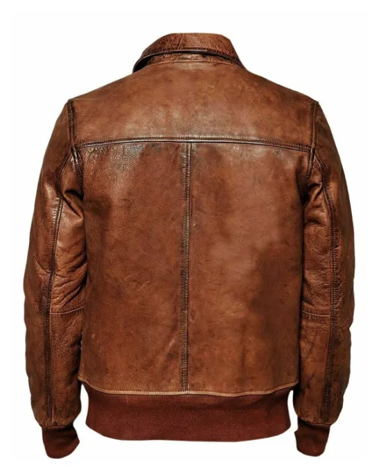 Mens Distressed Brown Stand Up Bomber Leather Jacket Back