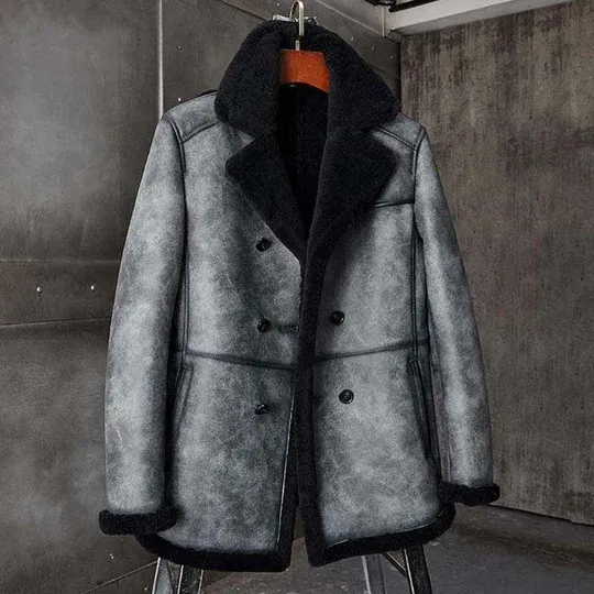 Mens Double Breasted Black Grey Shearling Coat
