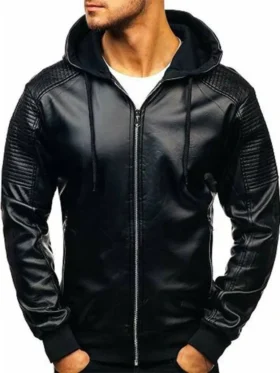 Mens Drawstring Black Bomber Hooded Leather Jacket