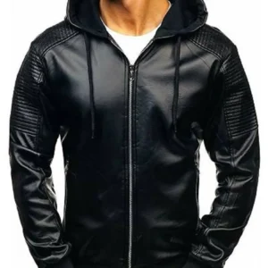 Mens Drawstring Black Bomber Hooded Leather Jacket