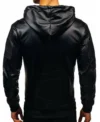 Mens Drawstring Black Bomber Hooded Leather Jacket Back