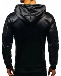 Mens Drawstring Black Bomber Hooded Leather Jacket Back