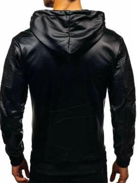 Mens Drawstring Black Bomber Hooded Leather Jacket Back