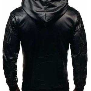 Mens Drawstring Black Bomber Hooded Leather Jacket Back