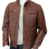 Mens Erect Collar Plain Brown Leather Jacket