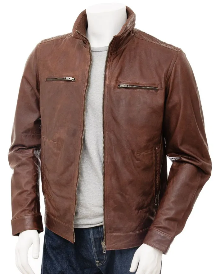Mens Erect Collar Plain Brown Leather Jacket