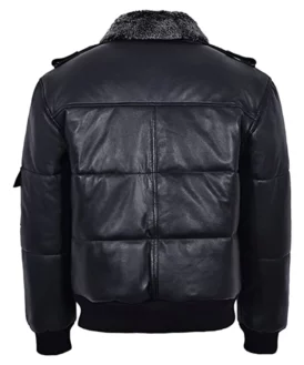 Mens Fur Collar Black Leather Puffer Bomber Jacket Back