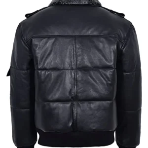 Mens-Fur-Collar-Black-Leather-Puffer-Bomber-Jacket-Back