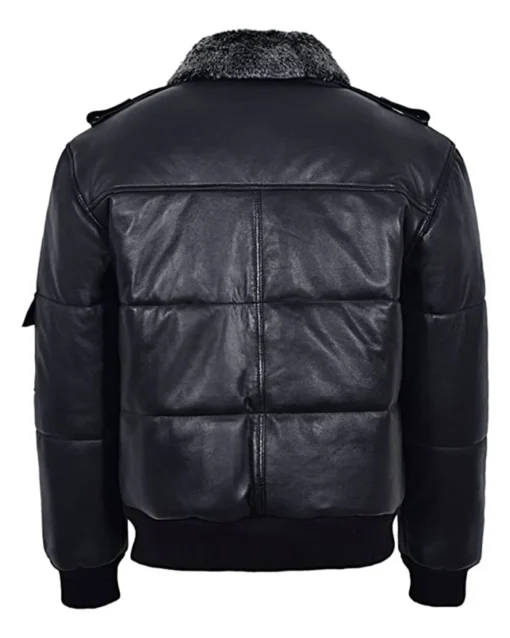 Mens Fur Collar Black Leather Puffer Bomber Jacket Back