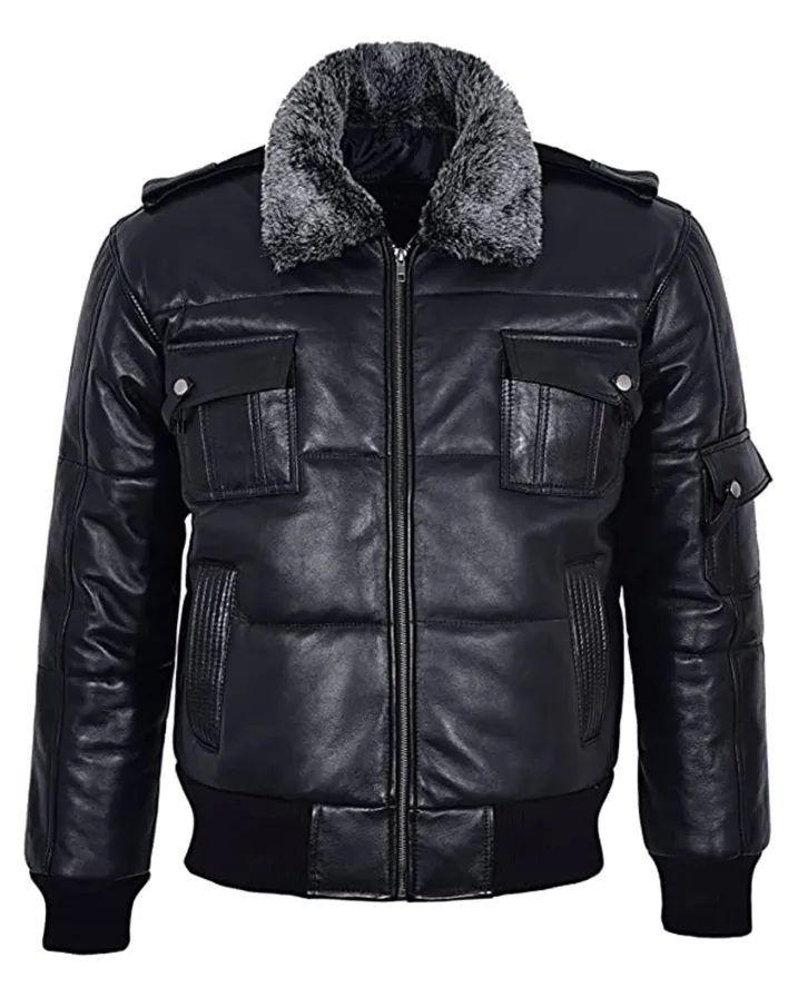 Mens Fur Collar Black Leather Puffer Bomber Jacket