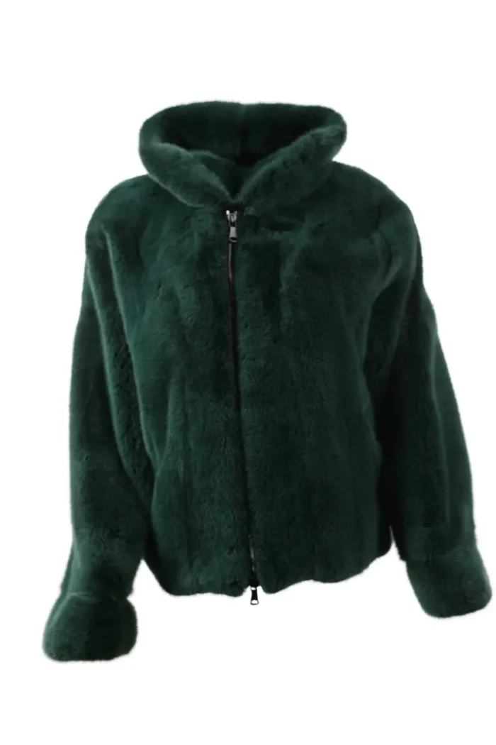 Mens Green Mink Fur Hooded Bomber Jacket