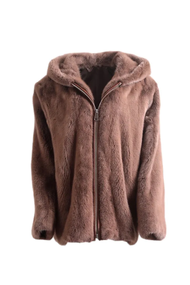 Mens Hooded Genuine Mink Fur Brown Jacket