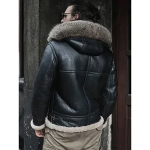 Mens Hooded Shearling Black Parka B3 Bomber Jacket Back