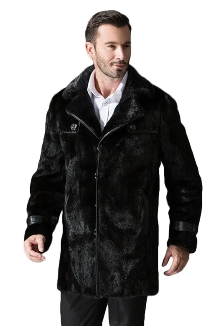 Mens Jet Black Mink Fur Classic Collar Coat