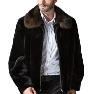 Mens Mahogany Brown Collar Mink Fur Black Coat