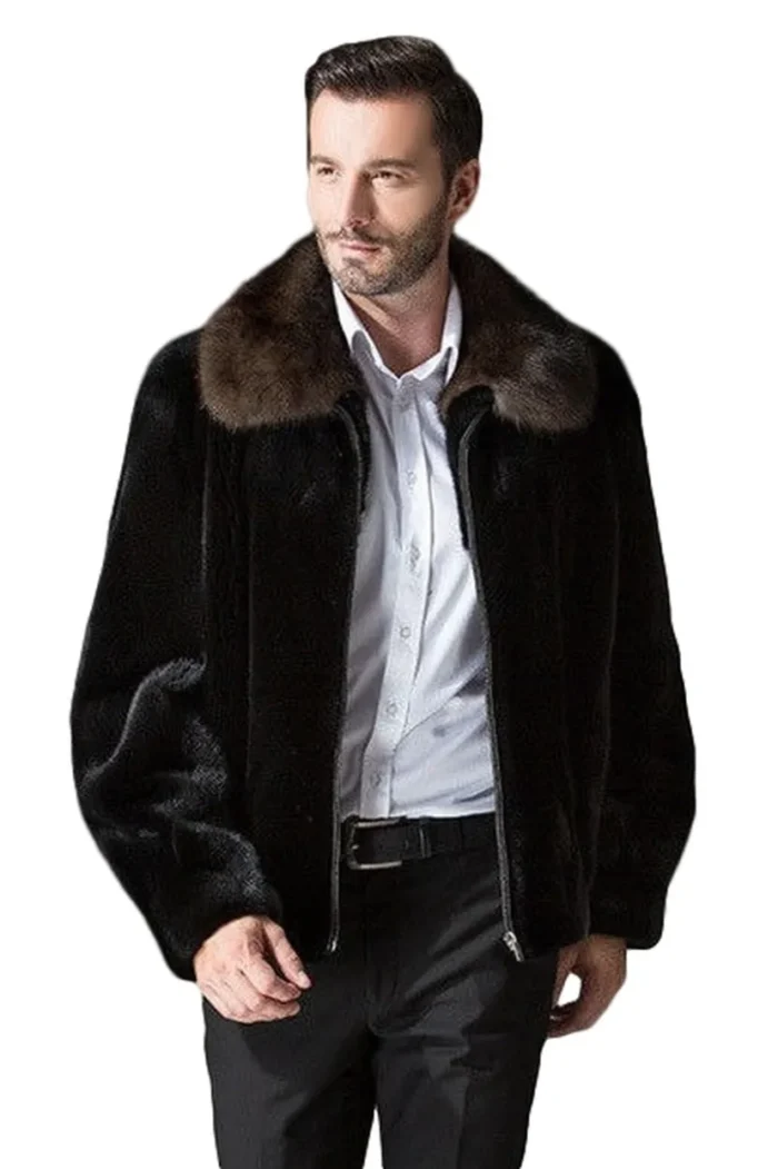 Mens Mahogany Brown Collar Mink Fur Black Coat