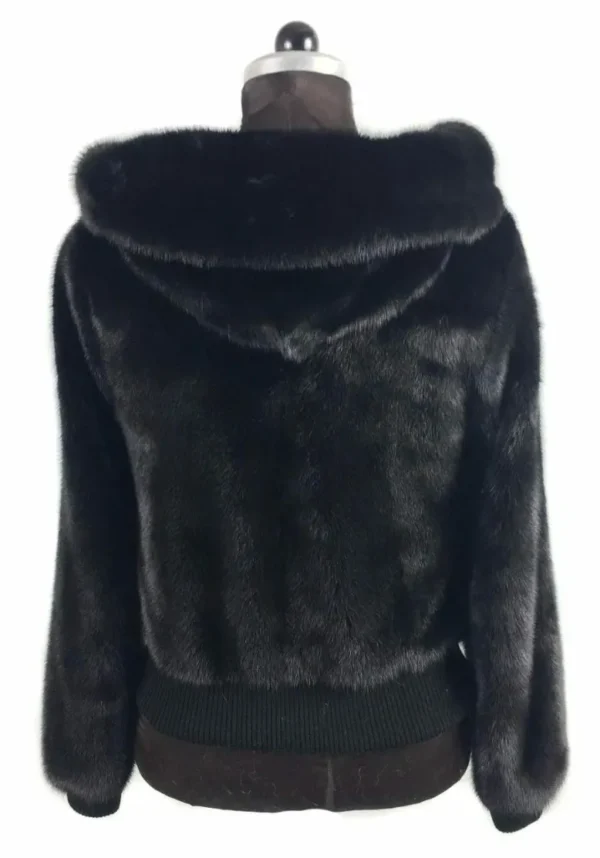 Mens Mink Fur Black Bomber Jacket With Hood Back