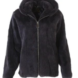 Mens Mink Fur Bomber Black Hooded Jacket
