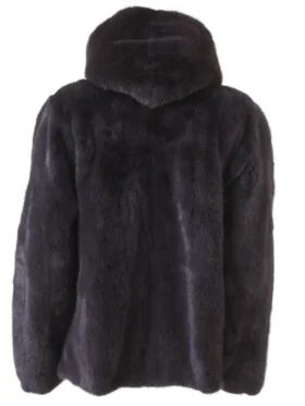 Mens Mink Fur Bomber Black Hooded Jacket Back