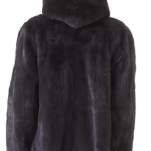Mens Mink Fur Bomber Black Hooded Jacket Back