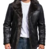 Mens Notch Lapel Large Fur Black Leather Jacket