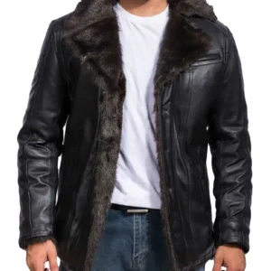 Mens-Notch-Lapel-Large-Fur-Black-Leather-Jacket