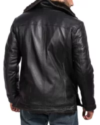 Mens Notch Lapel Large Fur Black Leather Jacket Back