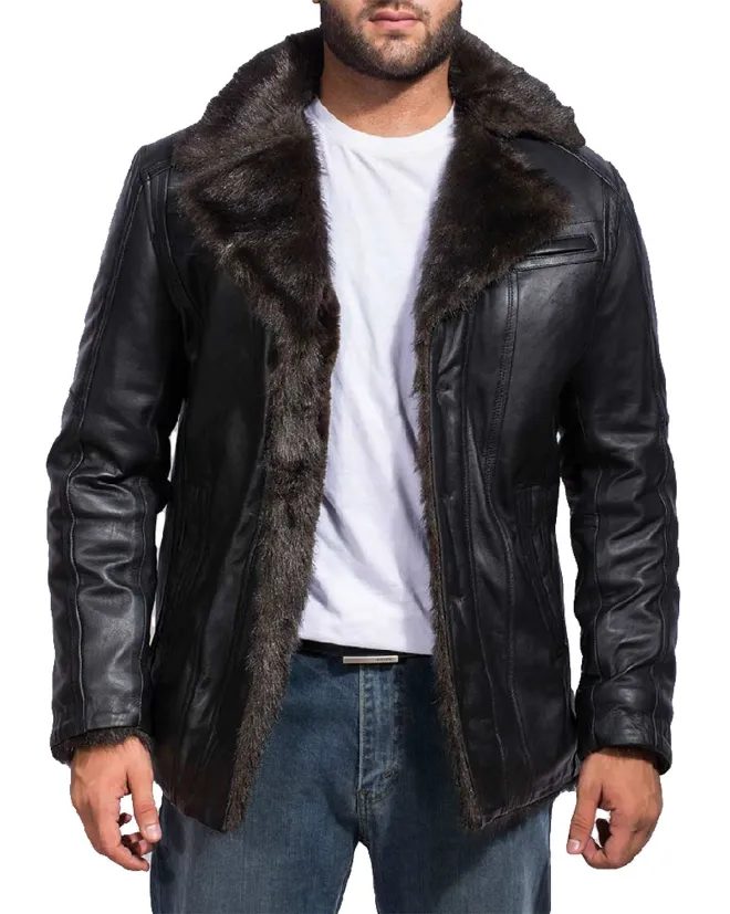 Mens Notch Lapel Large Fur Black Leather Jacket