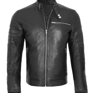 Mens Padded Shoulders All Black Biker Jacket