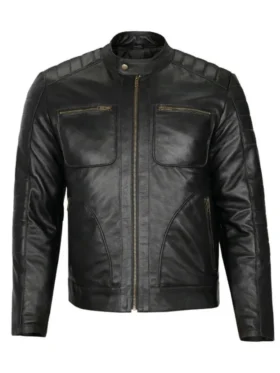 Mens Padded Shoulders Cafe Racer Black Leather Jacket
