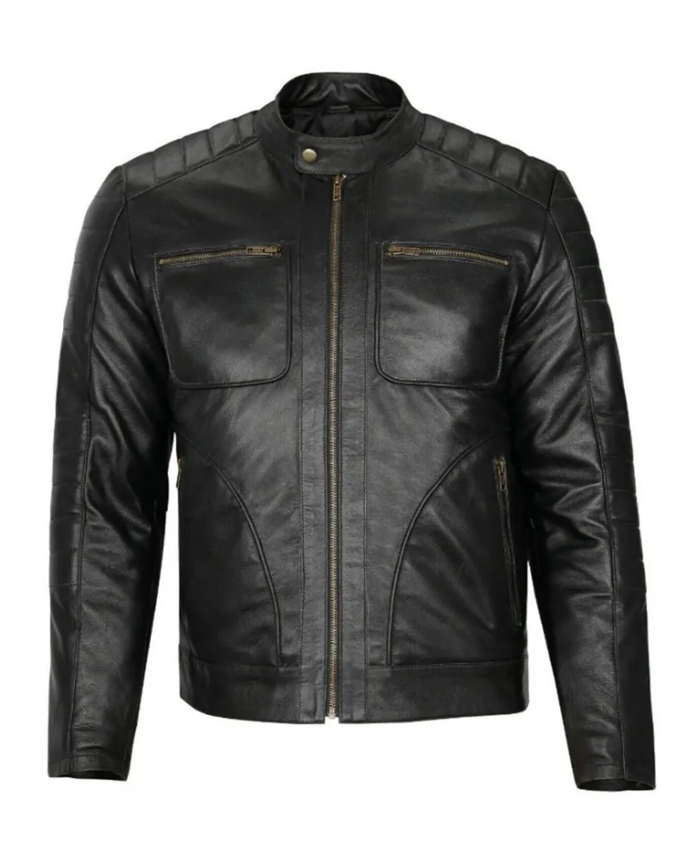 Mens Padded Shoulders Cafe Racer Black Leather Jacket