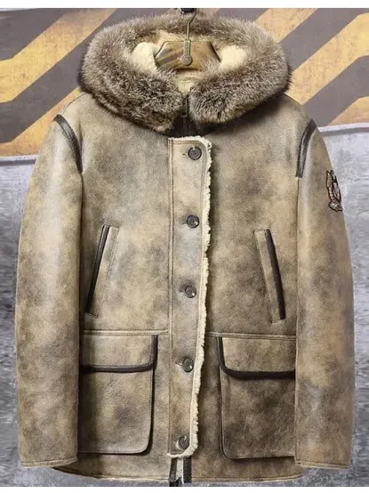 Mens Parka Shearling Fur Genuine Leather Jacket